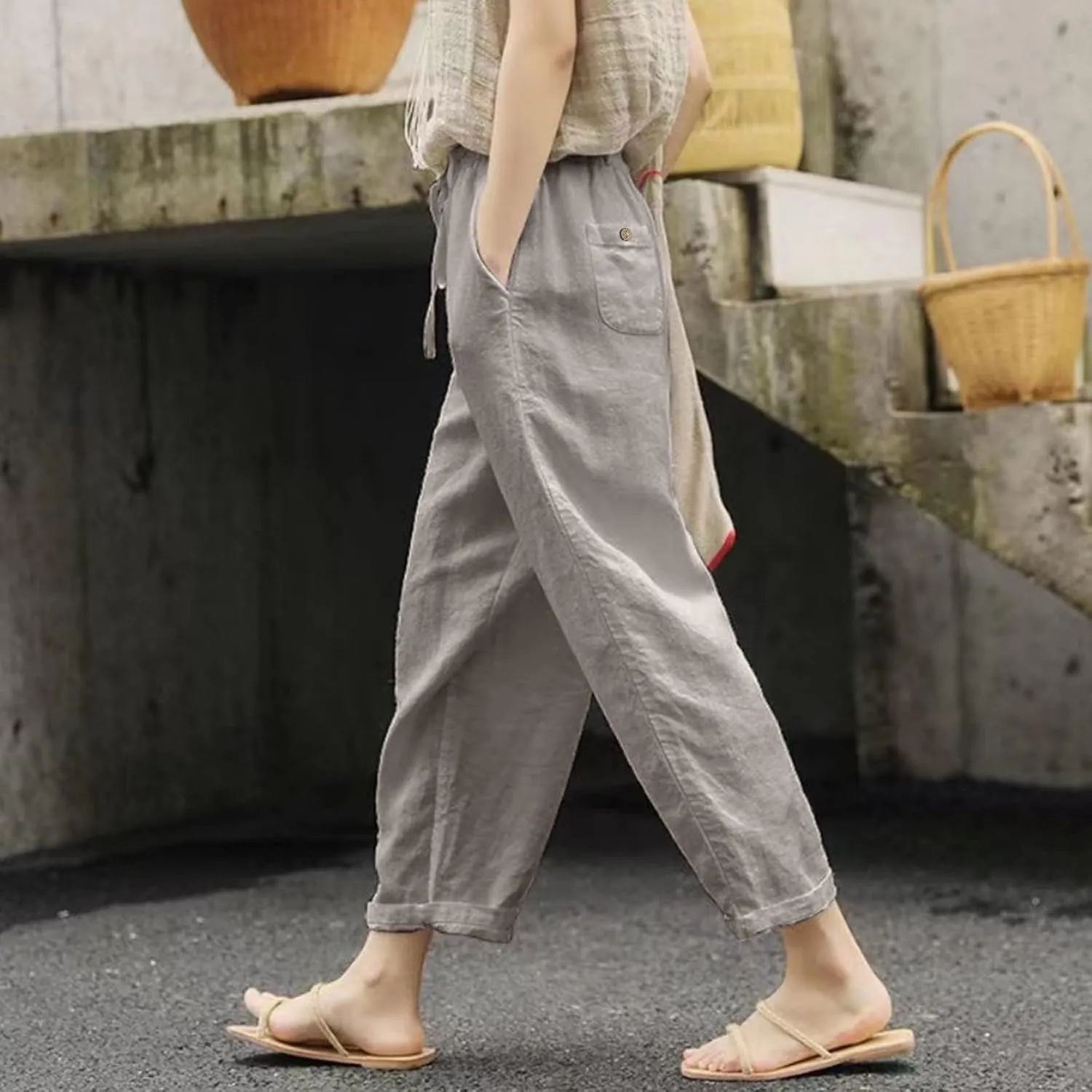 Womens Linen Pants Casual Summer Loose Solid Color High Waisted Straight Leg Beach Linen Pants Breathable Ankle Trousers