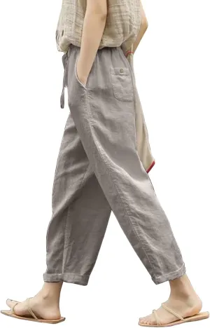 Womens Linen Pants Casual Summer Loose Solid Color High Waisted Straight Leg Beach Linen Pants Breathable Ankle Trousers