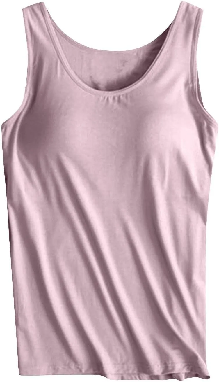 Womens Modal Built-in Bra Summer Basic Padded Yoga Shirt Shelf Bras Workout Camisole Casual Modal Undershirt