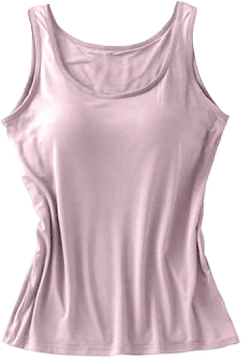 Womens Modal Built-in Bra Summer Basic Padded Yoga Shirt Shelf Bras Workout Camisole Casual Modal Undershirt