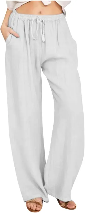 Women's Palazzo Pants Wide Leg Linen Pants Loose Flowy Pants High Waisted Summer Pants Trendy Trousers with Pockets