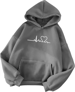 Women's Plus Size Simple Hoodies Trendy Heart Graphic Cute Hooded Sweatshirt Long Sleeve Casual Tops with Pockets