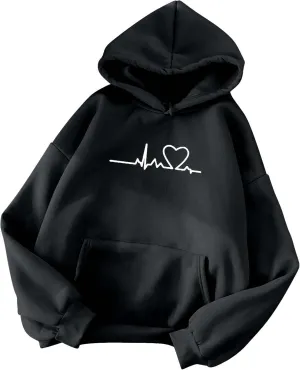 Women's Plus Size Simple Hoodies Trendy Heart Graphic Cute Hooded Sweatshirt Long Sleeve Casual Tops with Pockets