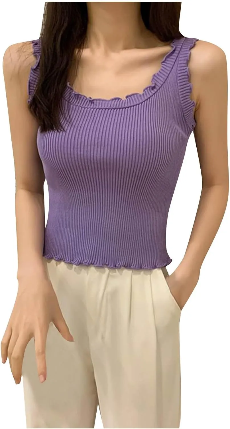 Women's Ribbed Knit Crop Tops Scoop Neck Ruffle Trim Slim Sleeveless Casual Slim Basic Tank Top 2025 Trendy Clothes