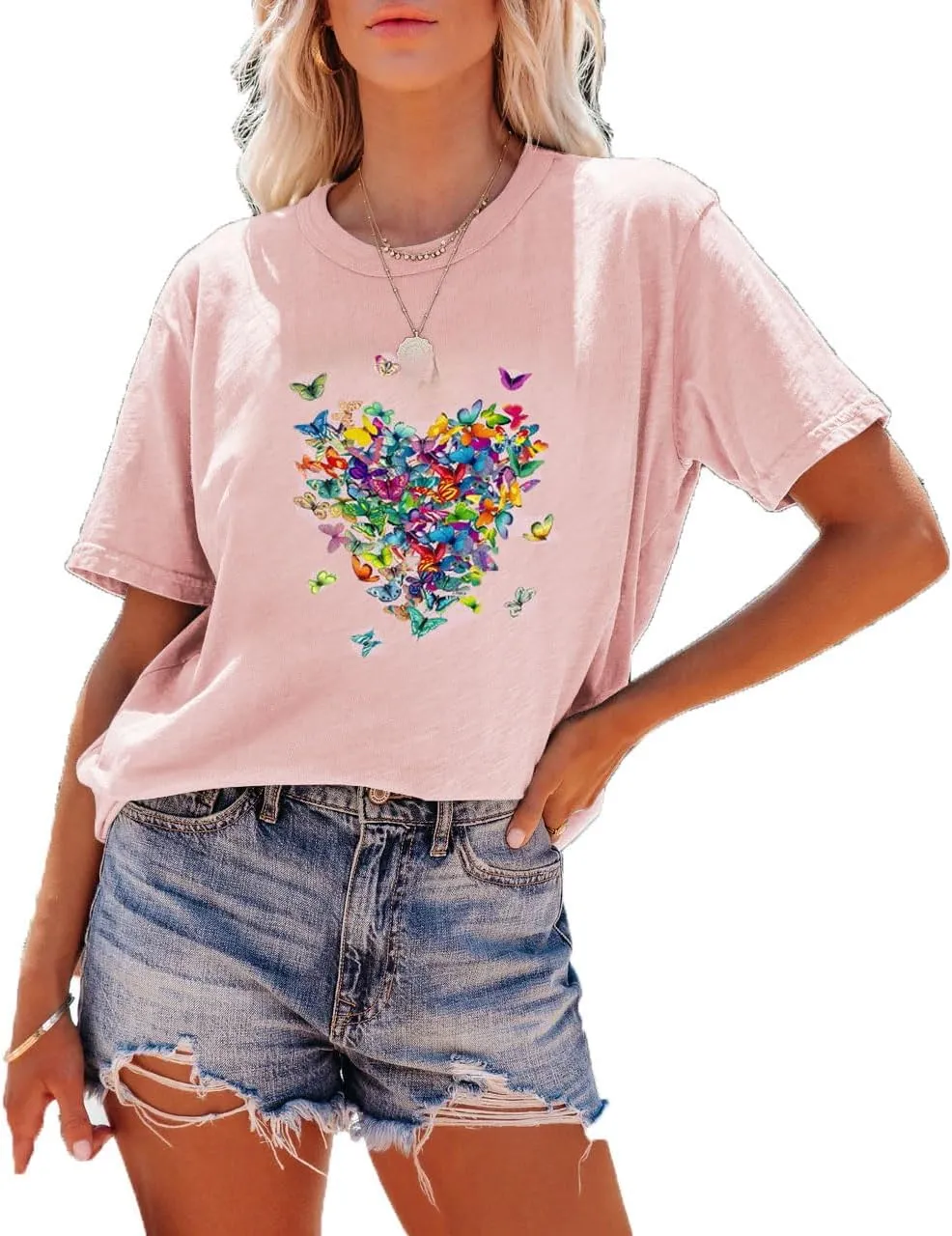 Women's Short Sleeve Heart Butterfly Graphic Tee Shirt Vintage Casual Loose Cotton T Shirt Summer Tops