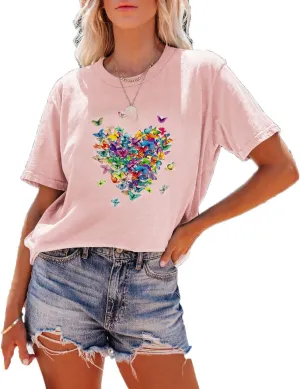 Women's Short Sleeve Heart Butterfly Graphic Tee Shirt Vintage Casual Loose Cotton T Shirt Summer Tops