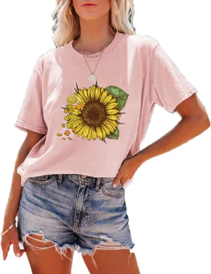 Women's Short Sleeve Sunflower Graphic Tee Shirt Vintage Casual Loose Cotton T Shirt Summer Tops