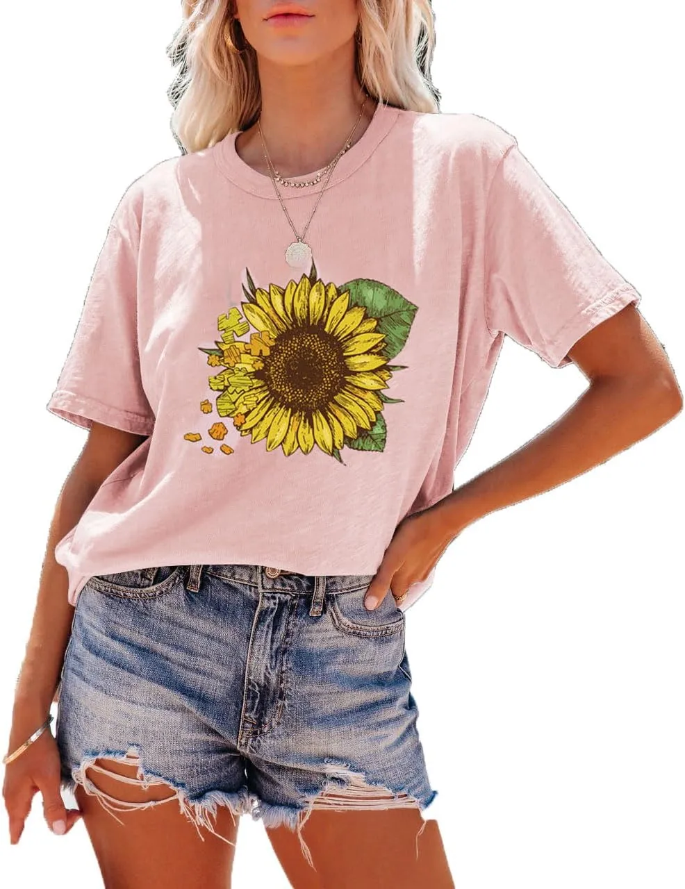 Women's Short Sleeve Sunflower Graphic Tee Shirt Vintage Casual Loose Cotton T Shirt Summer Tops