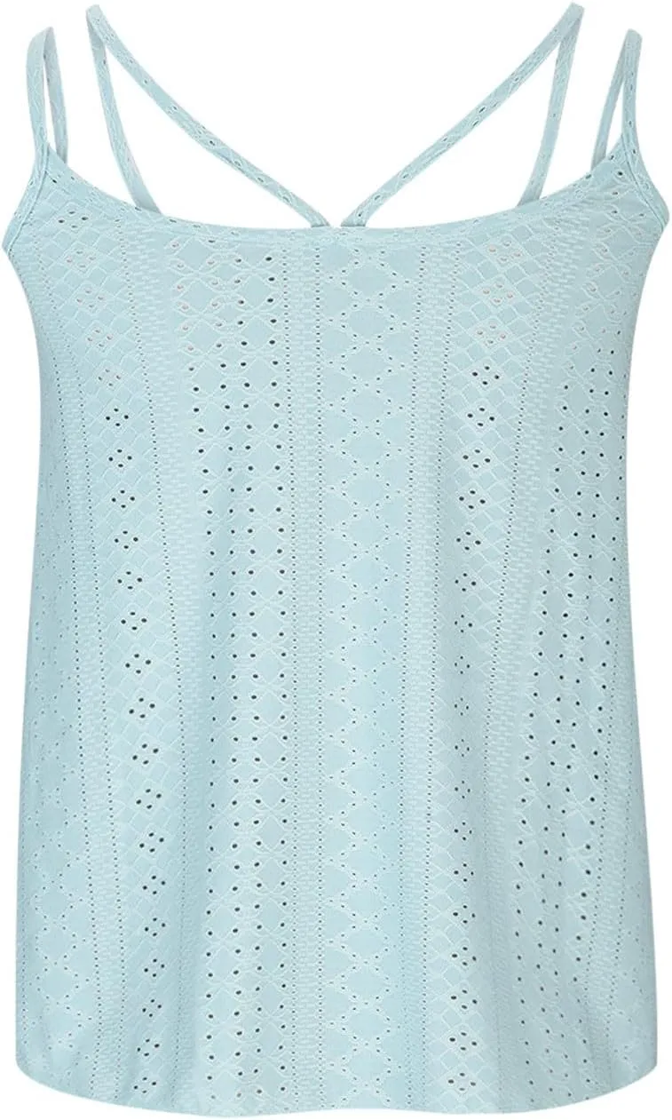 Womens Sleeveless Cami Tank Tops Eyelet Embroidery Spaghetti Strap Shirts 2025 Loose Summer Spring Outfits
