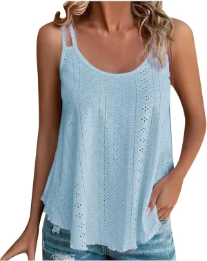 Womens Sleeveless Cami Tank Tops Eyelet Embroidery Spaghetti Strap Shirts 2025 Loose Summer Spring Outfits