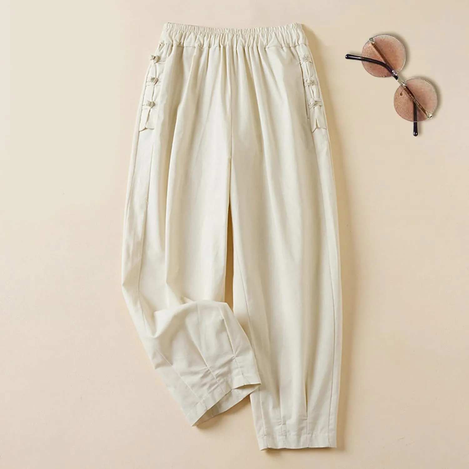 Women's Solid Elastic High Waist Cropped Pants New Casual Trendy Straight Wide Leg Plus Size Comfy Business Trousers