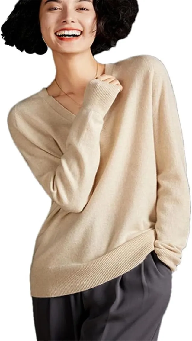 Women's Spring Winter Cashmere Sweater Casual Solid Knitted Sweater V-Neck Loose Tops