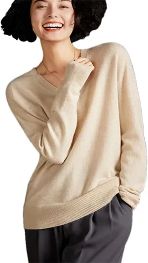 Women's Spring Winter Cashmere Sweater Casual Solid Knitted Sweater V-Neck Loose Tops