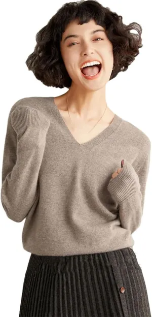 Women's Spring Winter Cashmere Sweater Casual Solid Knitted Sweater V-Neck Loose Tops