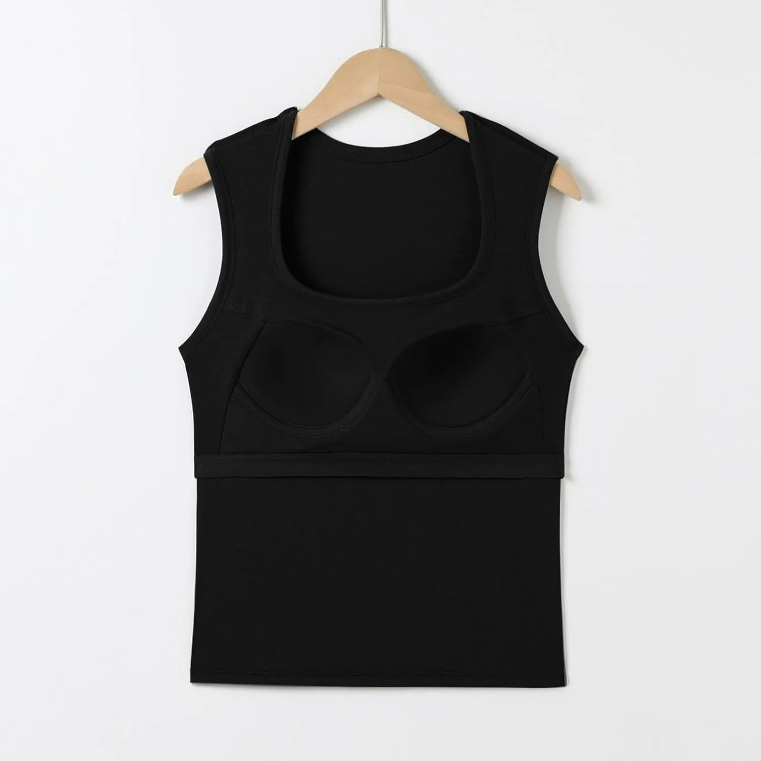 Women's Square Neck Spaghetti Strap Tank Tops with Built in Bra Seamless Camisole Yoga Sport Bra Silm Fit Cute Top