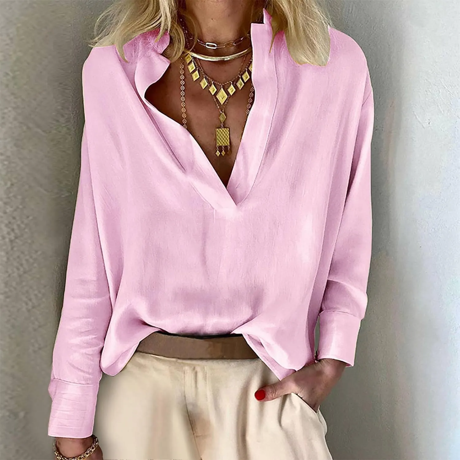 Women's Summer Long Sleeve Stand Collar Cotton Linen Shirts Loose Fit Casual Deep V-Neck Lightweight Top Tunic Blouse
