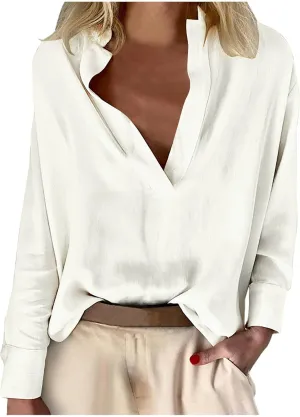 Women's Summer Long Sleeve Stand Collar Cotton Linen Shirts Loose Fit Casual Deep V-Neck Lightweight Top Tunic Blouse