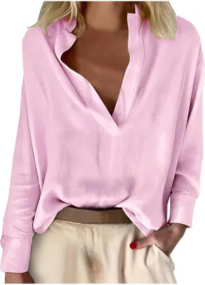 Women's Summer Long Sleeve Stand Collar Cotton Linen Shirts Loose Fit Casual Deep V-Neck Lightweight Top Tunic Blouse
