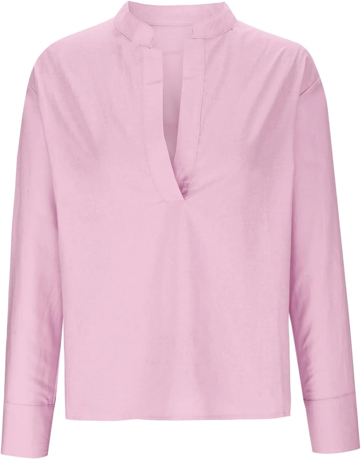 Women's Summer Long Sleeve Stand Collar Cotton Linen Shirts Loose Fit Casual Deep V-Neck Lightweight Top Tunic Blouse