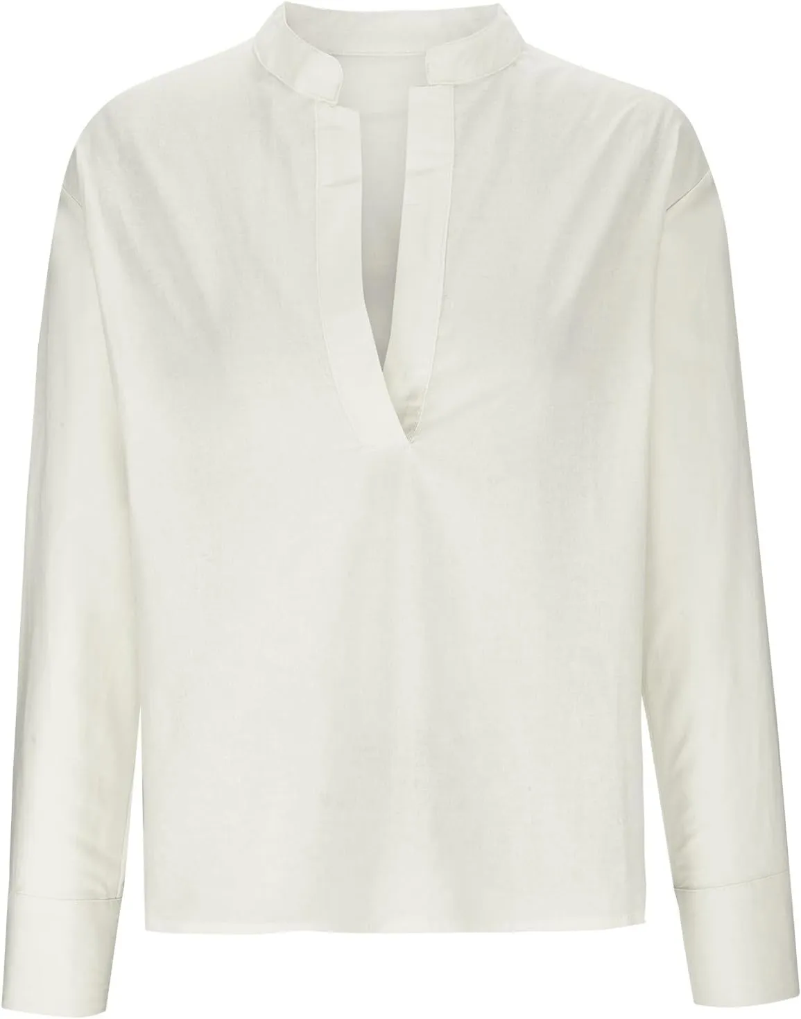 Women's Summer Long Sleeve Stand Collar Cotton Linen Shirts Loose Fit Casual Deep V-Neck Lightweight Top Tunic Blouse
