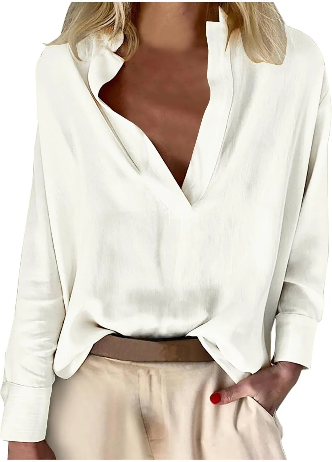 Women's Summer Long Sleeve Stand Collar Cotton Linen Shirts Loose Fit Casual Deep V-Neck Lightweight Top Tunic Blouse