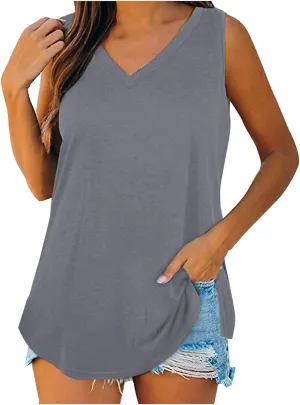 Womens Summer Tank Tops 2025 V Neck Sleeveless Tunic Shirts Casual Loose Fit Tshirts Side Split Going Out Tops