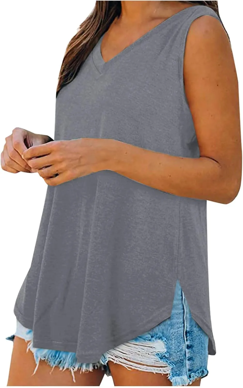 Womens Summer Tank Tops 2025 V Neck Sleeveless Tunic Shirts Casual Loose Fit Tshirts Side Split Going Out Tops