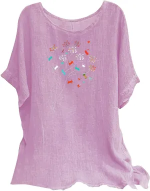 Womens Summer Tops Cotton Linen T-Shirts Trendy Dressy Butterfly Graphic Tees Short Sleeve Blouse Holiday Comfy Shirts