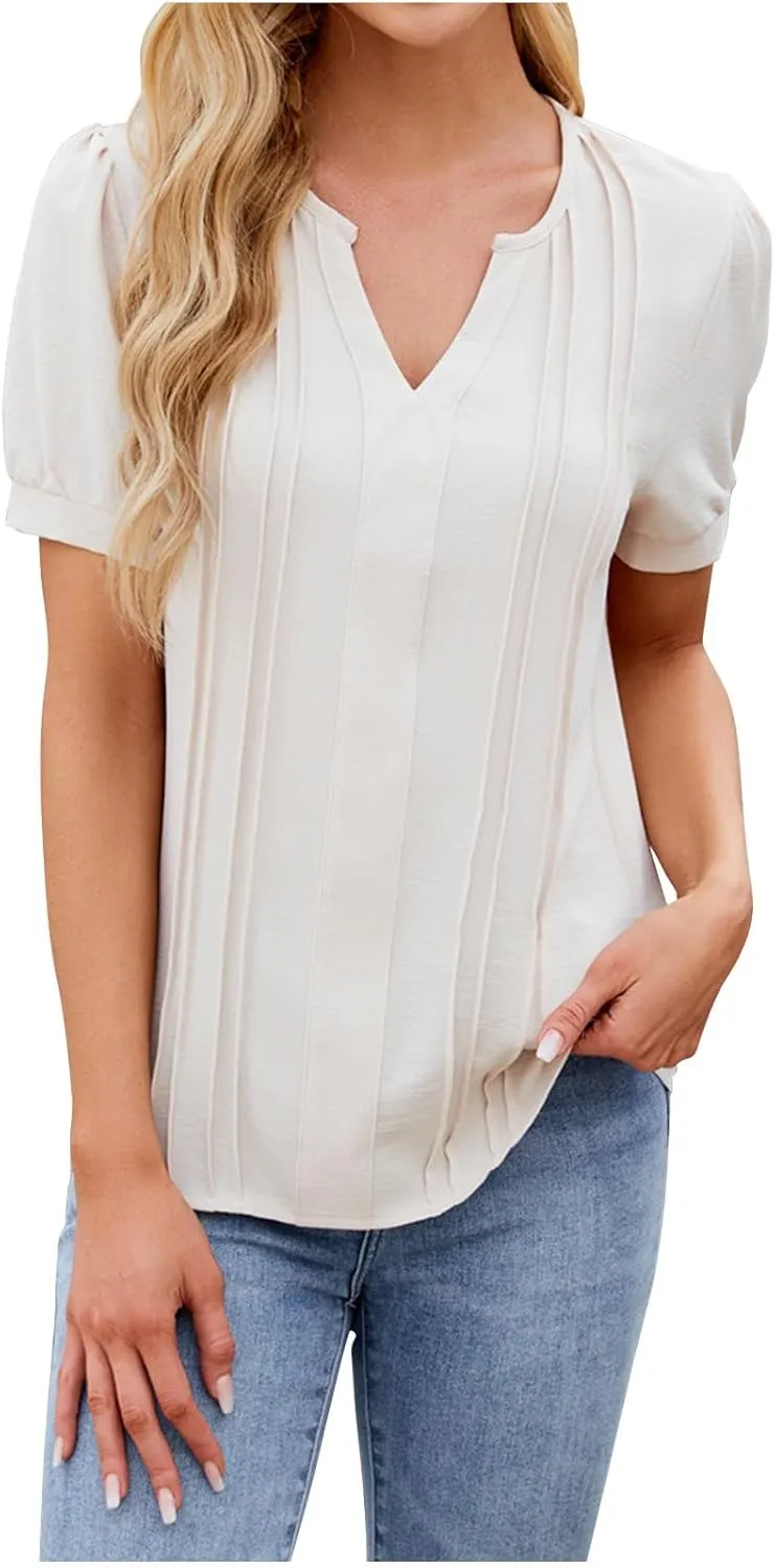 Women's Summer Tops Dressy Casual Blouses Puff Sleeve Short Sleeves Business Tunic Top V Neck Casual Loose Shirts