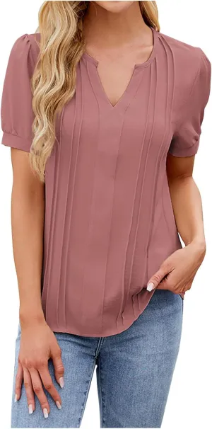 Women's Summer Tops Dressy Casual Blouses Puff Sleeve Short Sleeves Business Tunic Top V Neck Casual Loose Shirts