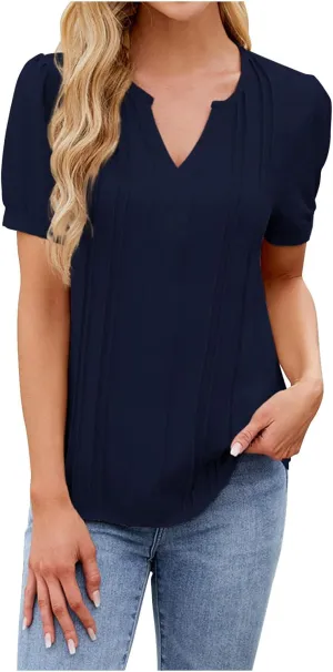 Women's Summer Tops Dressy Casual Blouses Puff Sleeve Short Sleeves Business Tunic Top V Neck Casual Loose Shirts