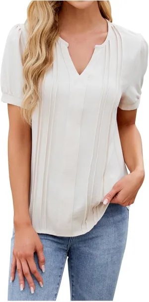 Women's Summer Tops Dressy Casual Blouses Puff Sleeve Short Sleeves Business Tunic Top V Neck Casual Loose Shirts