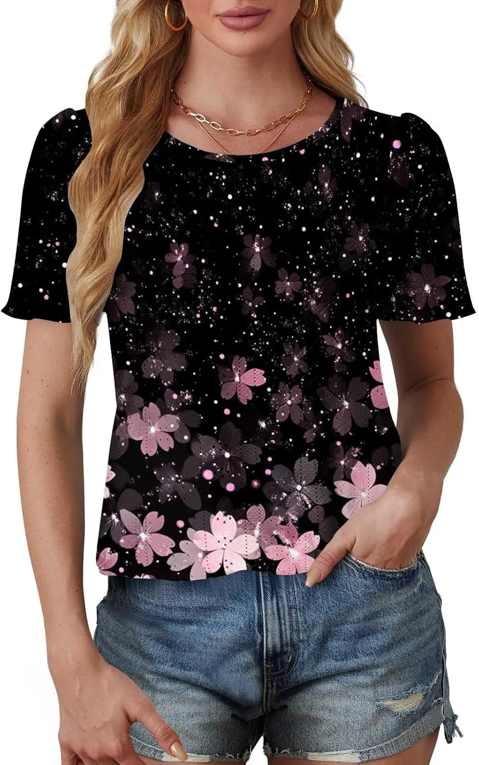 Womens Summer Tops Trendy Boho Floral Blouses Crewneck T-Shirts Casual Loose Tunic Blouses Going Out Basic Tees