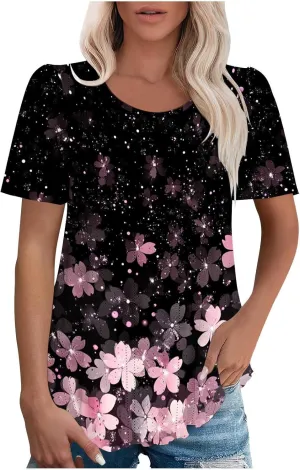 Womens Summer Tops Trendy Boho Floral Blouses Crewneck T-Shirts Casual Loose Tunic Blouses Going Out Basic Tees