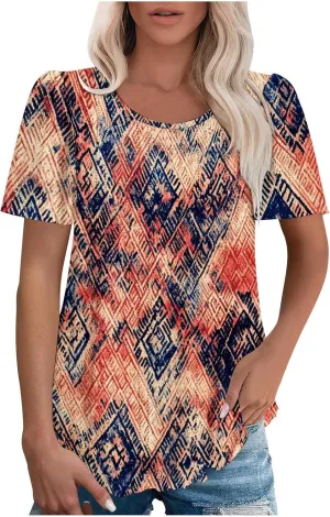 Womens Summer Tops Trendy Boho Floral Blouses Crewneck T-Shirts Casual Loose Tunic Blouses Going Out Basic Tees