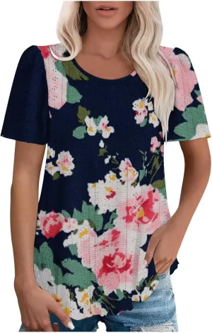 Womens Summer Tops Trendy Boho Floral Blouses Crewneck T-Shirts Casual Loose Tunic Blouses Going Out Basic Tees
