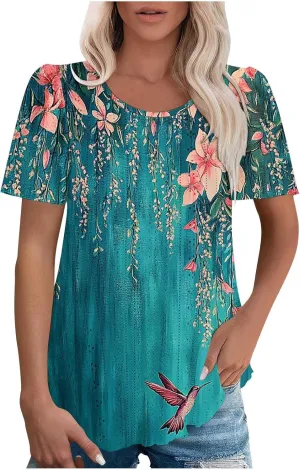 Womens Summer Tops Trendy Boho Floral Blouses Crewneck T-Shirts Casual Loose Tunic Blouses Going Out Basic Tees