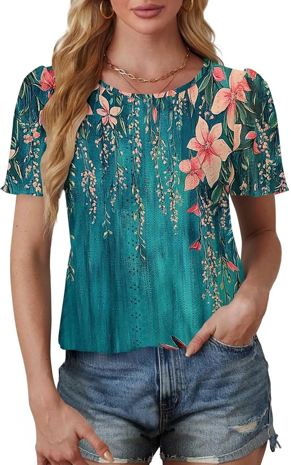 Womens Summer Tops Trendy Boho Floral Blouses Crewneck T-Shirts Casual Loose Tunic Blouses Going Out Basic Tees