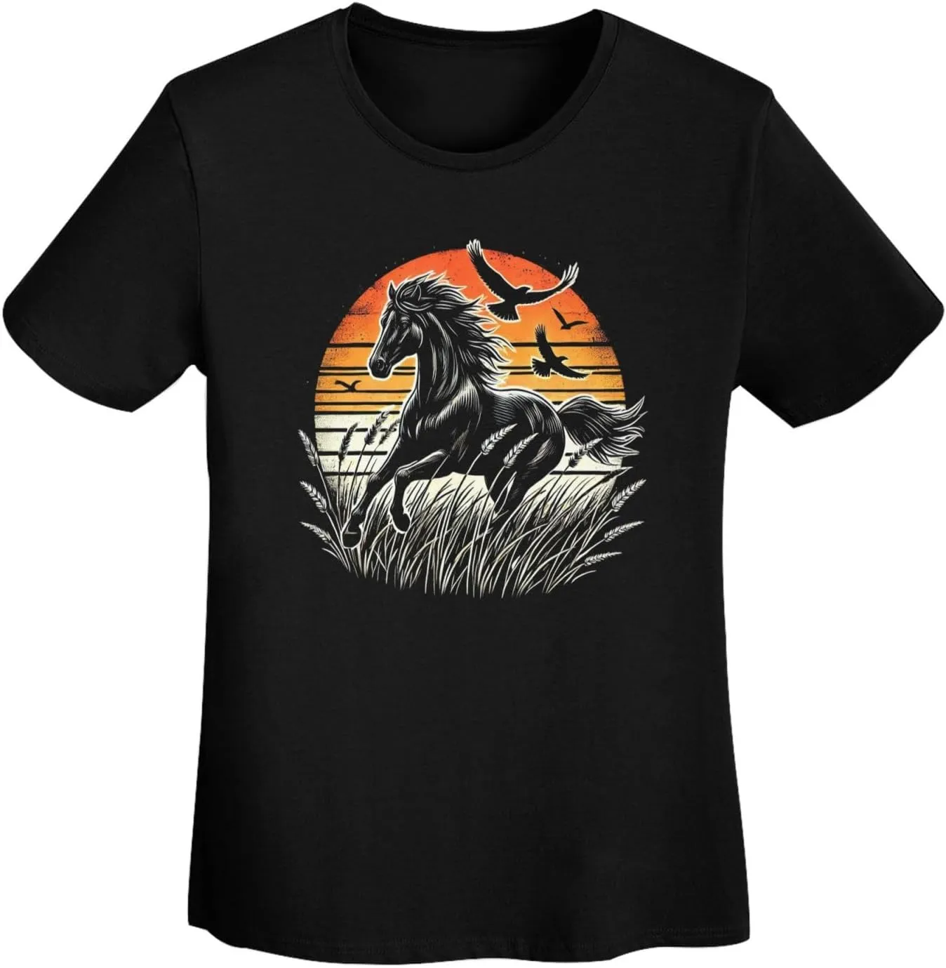 Women's Sunset Horse Run T-Shirt, Crewneck Casual Tees