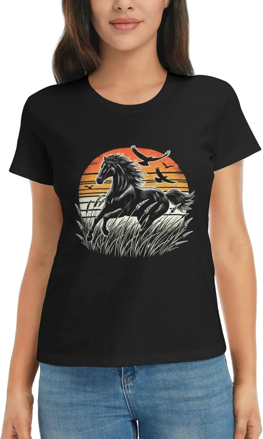 Women's Sunset Horse Run T-Shirt, Crewneck Casual Tees