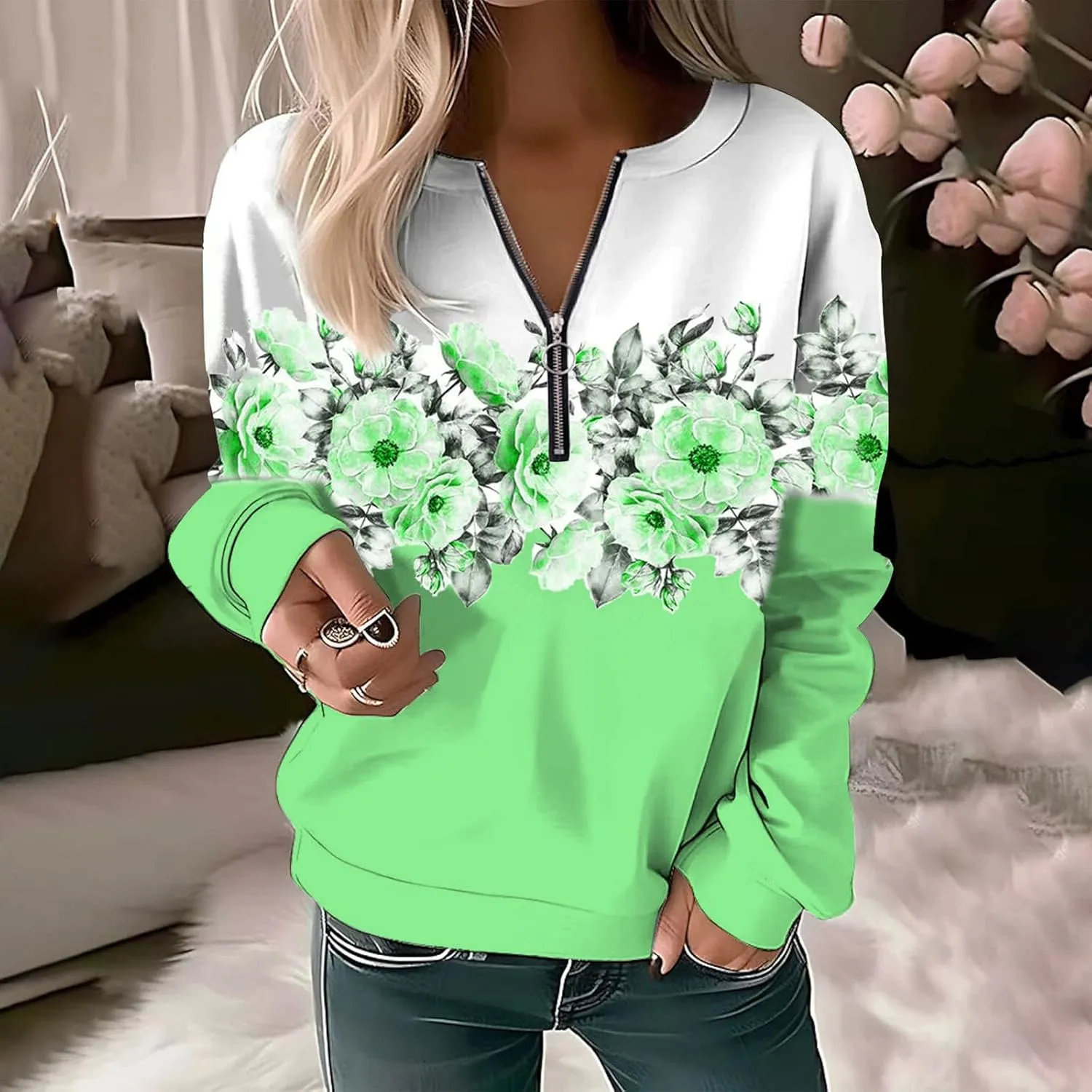Women's Sweatshirt Pullover 2023 Casual Fall Basic Quarter Zipper Long Sleeve Top Hoodie Loose Fit Shirt
