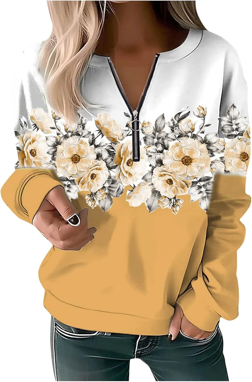 Women's Sweatshirt Pullover 2023 Casual Fall Basic Quarter Zipper Long Sleeve Top Hoodie Loose Fit Shirt