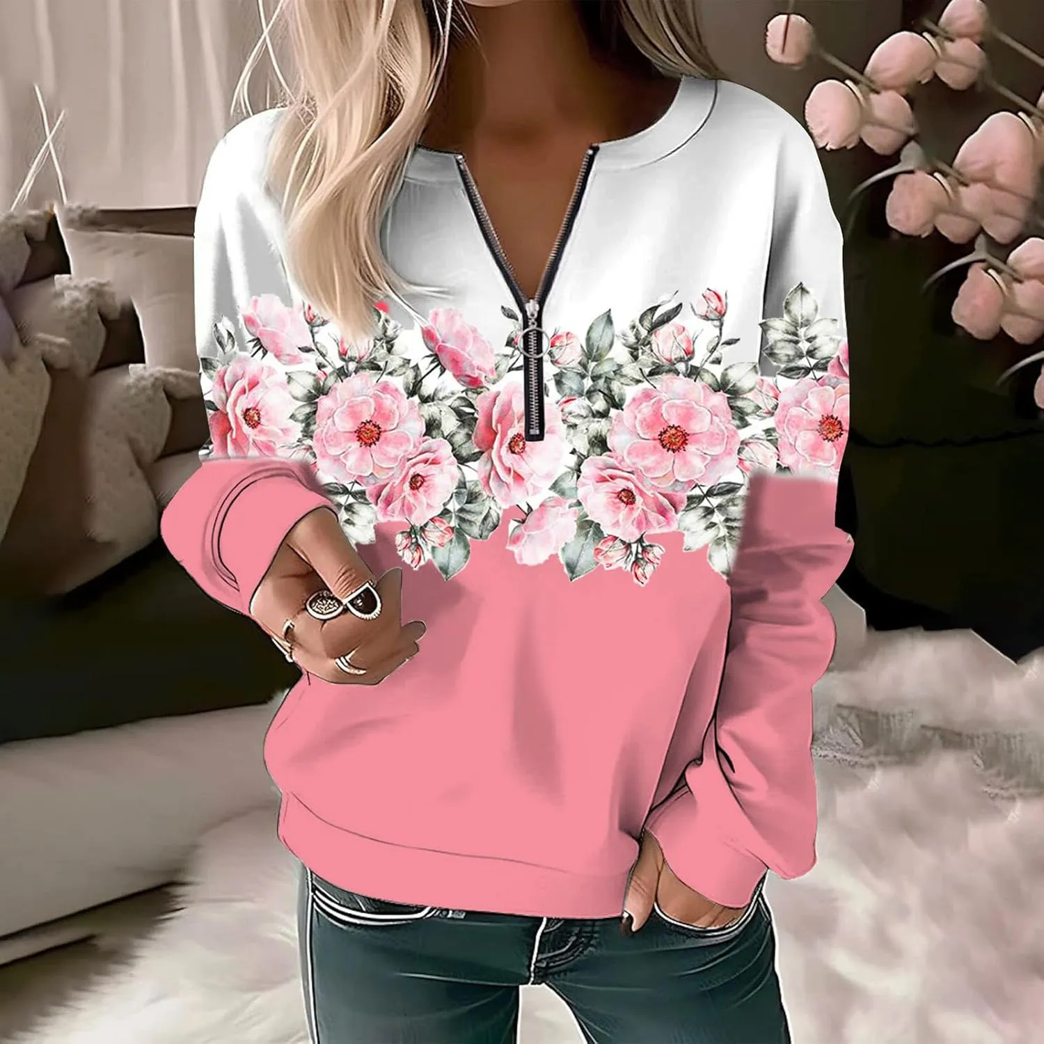 Women's Sweatshirt Pullover 2023 Casual Fall Basic Quarter Zipper Long Sleeve Top Hoodie Loose Fit Shirt