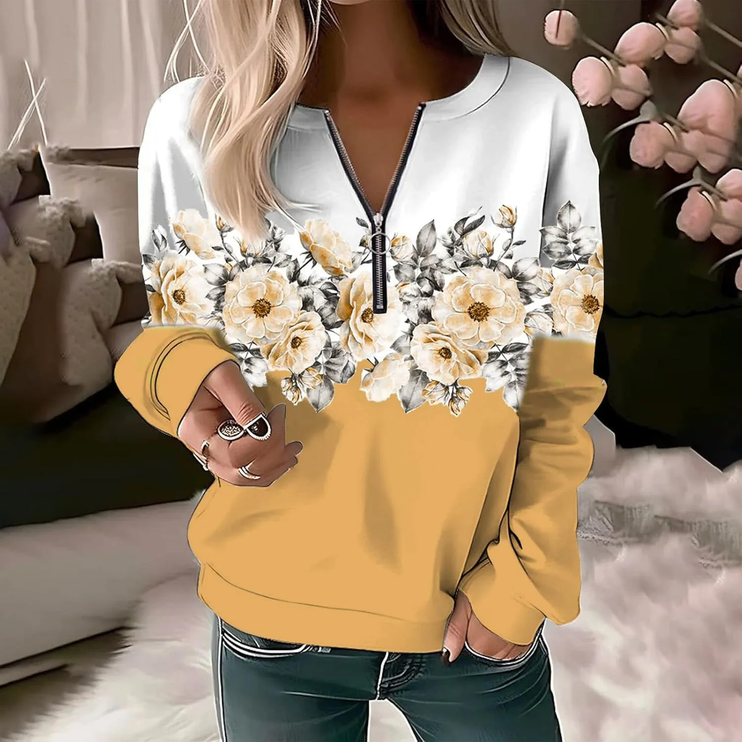 Women's Sweatshirt Pullover 2023 Casual Fall Basic Quarter Zipper Long Sleeve Top Hoodie Loose Fit Shirt