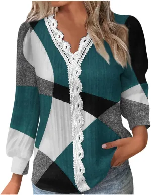 Womens Tops 2023 Casual Lace Button Down Open Front Cardigan Patchwork Color Long Sleeve V Neck Sweatshirt For Women