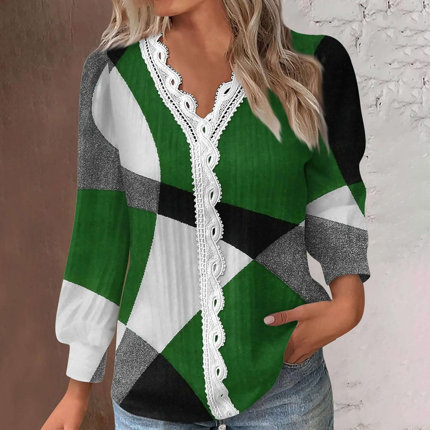 Womens Tops 2023 Casual Lace Button Down Open Front Cardigan Patchwork Color Long Sleeve V Neck Sweatshirt For Women