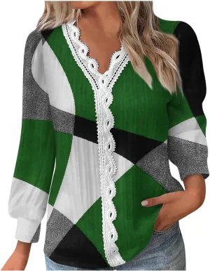 Womens Tops 2023 Casual Lace Button Down Open Front Cardigan Patchwork Color Long Sleeve V Neck Sweatshirt For Women