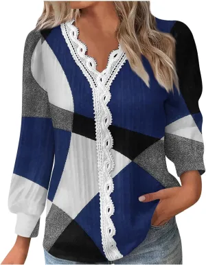 Womens Tops 2023 Casual Lace Button Down Open Front Cardigan Patchwork Color Long Sleeve V Neck Sweatshirt For Women