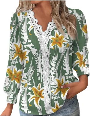 Womens Tops 2023 Casual Lace Button Down Open Front Cardigan Patchwork Color Long Sleeve V Neck Sweatshirt For Women