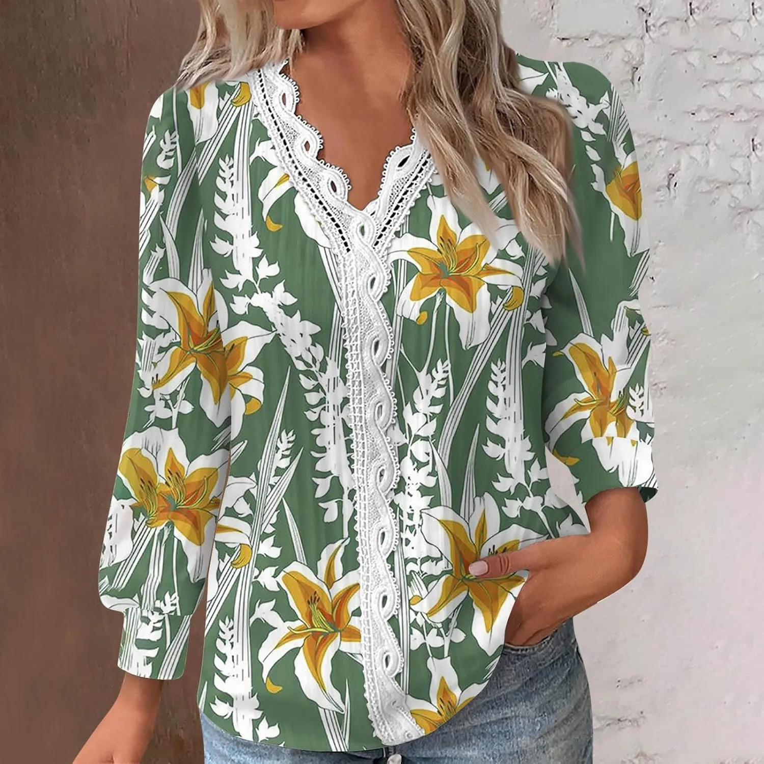 Womens Tops 2023 Casual Lace Button Down Open Front Cardigan Patchwork Color Long Sleeve V Neck Sweatshirt For Women